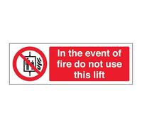 V Safety In The Event Of Fire Do Not Use This Lift - Señal de seguridad con efecto de aluminio (300 x 100 mm), vinilo autoadhesivo