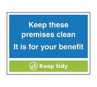 V Safety Keep These Premises Clean, It Is For Your Benefit, Keep Tidy 200 x 150 mm - Señal de seguridad de vinilo autoadhesivo