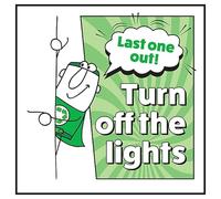 V Safety Last One Out! Turn Off The Lights Man Left 100 x 100 mm - Vinilo autoadhesivo - Señal de seguridad con efecto de aluminio