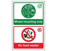 V Safety Mixed Recycling Only/No Food Waste! - Señal de seguridad compuesta de aluminio cepillado (300 x 400 mm, 3 mm)