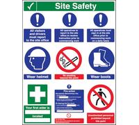 V Safety Multi Hazard Site Safety Notice - Señal de seguridad compuesta de aluminio con 9 puntos y 3 columnas, vertical, 450 x 600 mm, 3 mm