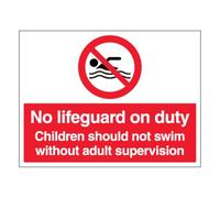 V Safety No Lifeguard On Duty Children Should Not Swim Without Adult Supervision - Señal de seguridad de plástico rígido de 600 x 450 mm, 2 mm