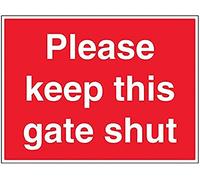V Safety Please keep this gate shut - Señal de seguridad autoadhesiva de vinilo de 600 x 450 mm