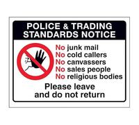 V Safety Police & Trading Standards...No Junk Mail, No Cold Callers... 150 x 100 mm - 2 mm Señal de seguridad de plástico rígido