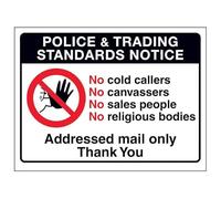 V Safety Police & Trading Standards Notice, No Cold Callers... 150 x 100 mm - Vinilo autoadhesivo - Señal de seguridad con efecto de aluminio