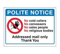 V Safety Polite Notice, No Cold Callers...Addressed Mail Only, Thank You, 200 x 150 mm, vinilo autoadhesivo, señal de seguridad con efecto de aluminio