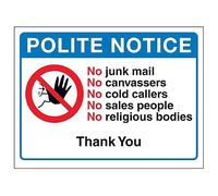 V Safety Polite Notice, No Junk Mail, No Canvassers, No Cold...Thank You - Señal de seguridad de plástico rígido de 150 x 100 mm, 2 mm