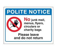 V Safety Polite Notice, No Junk Mail...Please Leave and Do Not Return - Señal de seguridad de plástico rígido de 150 x 100 mm, 1 mm