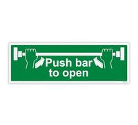 V Safety Push Bar To Open - Señal de seguridad para paisajismo - 450 x 150 mm - Cartel económico de polipropileno de 0,5 mm con película de montaje