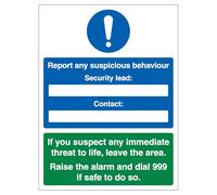 V Safety Report Any Suspicious Behaviour - Señal de seguridad de plástico rígido de 300 x 400 mm, 2 mm