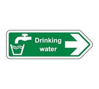 V Safety Safe Drinking Water - Señal de seguridad con forma de flecha derecha (450 x 150 mm, vinilo autoadhesivo, efecto aluminio)
