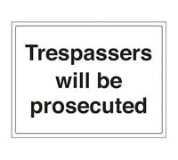 V Safety Security Notice - Señal de seguridad autoadhesiva de vinilo con texto en inglés "Trespassers Will Be Prosecuted", 300 x 200 mm, brilla en la oscuridad