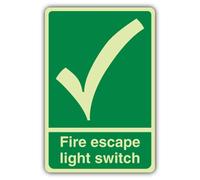 V Safety - Señal de interruptor de luz de escape de incendios que brilla en la oscuridad, 200 x 300 mm, hecha de plástico rígido de doble brillo, señalización de seguridad contra incendios, fabricado