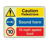 V Safety - Señal de límite de velocidad de 10 mph, brilla en la oscuridad, precaución de peatones, 800 x 600 mm, hecha de plástico rígido de triple brillo, señalización de advertencia de peligro