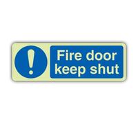 V Safety - Señal de seguridad con texto en inglés «Glow In The Dark Fire Door Keep Shut», formato horizontal, 300 x 100 mm, vinilo autoadhesivo de triple brillo, señalización de seguridad contra