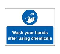 V Safety - Señal de seguridad con texto en inglés «Wash Your Hands After Using Chemicals», paisaje de 400 x 300 mm, plástico rígido que brilla en la oscuridad, 1 mm