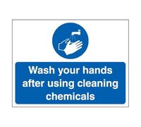 V Safety - Señal de seguridad con texto en inglés «Wash Your Hands After Using Cleaning Chemicals», paisaje de 400 x 300 mm, plástico rígido que brilla en la oscuridad, 1 mm