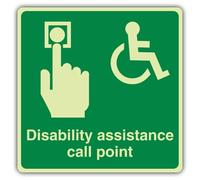 V Safety - Señal de seguridad fotoluminiscente con texto en inglés "Disability Assistance Call Point", color verde, cuadrada, 300 x 300 mm, vinilo autoadhesivo, brillo estándar