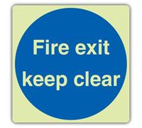 V Safety - Señal de seguridad fotoluminiscente con texto en inglés «Fire Exit Keep Clear», cuadrada, 80 x 80 mm, vinilo autoadhesivo, brillo estándar