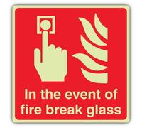 V Safety - Señal de seguridad fotoluminiscente con texto en inglés "In the Event Of Fire Break Glass", cuadrada, 100 x 100 mm, vinilo autoadhesivo, brillo estándar