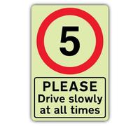 V Safety - Señal de seguridad fotoluminiscente con texto en inglés "Please Drive Slowly At All Times" - Señal de seguridad de 5 MPH - 300 x 450 mm - Vinilo autoadhesivo - Brillo estándar