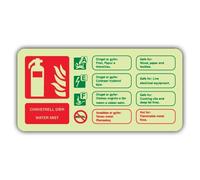 V Safety - Señal de seguridad fotoluminiscente galés/inglés para extintor de incendios con niebla de agua, 220 x 110 mm, vinilo autoadhesivo, brillo estándar