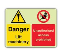 V Safety - Señal de seguridad que brilla en la oscuridad con texto en inglés "Danger Lift Machinery Unauthorised Access Prohibited", 800 x 600 mm, hecha de plástico rígido de triple brillo