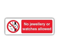 V Safety - Señal de seguridad que brilla en la oscuridad, no se permiten joyas o relojes, 300 x 100 mm, plástico rígido estándar brillante, señalización de prohibición, fabricado en Gran Bretaña