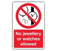 V Safety - Señal de seguridad que brilla en la oscuridad, no se permiten joyas o relojes, 400 x 600 mm, plástico rígido estándar, señalización de prohibición, fabricado en Gran Bretaña