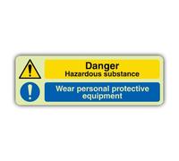 V Safety - Señal de seguridad que brilla en la oscuridad, peligro, peligro, equipo de protección personal, 600 x 200 mm, hecho de vinilo autoadhesivo de triple brillo, señalización de advertencia de