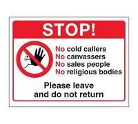V Safety Stop! No Cold Callers, No...Please Leave and Do Not Return - Señal de seguridad compuesta de aluminio de 3 mm, 150 x 100 mm