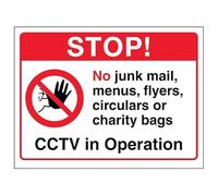 V Safety Stop! No Junk Mail, Menus, Flyers...CCTV in Operation - Señal de seguridad compuesta de aluminio cepillado de 3 mm, 150 x 100 mm