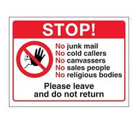V Safety Stop! No Junk Mail, No Cold...Please Leave and Do Not Return, 200 x 150 mm, vinilo autoadhesivo, señal de seguridad con efecto de aluminio