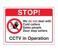 V Safety Stop! We Do Not Deal With Cold Callers...CCTV in Operation - Señal de seguridad de plástico rígido de 200 x 150 mm, 1 mm