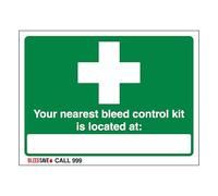 V Safety The Nearest Bleed Control Kit Is Located - Call 999 600 x 450 mm - Vinilo autoadhesivo que brilla en la oscuridad