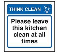 V Safety Think Clean Please Leave This Kitchen Clean At All Times - Señal de seguridad compuesta de aluminio cepillado de 3 mm, 100 x 100 mm