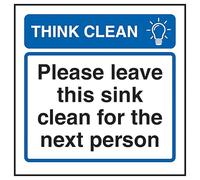 V Safety Think Clean Please Leave This Sink Clean For The Next Person 100 x 100 mm - Vinilo autoadhesivo - Señal de seguridad con efecto de aluminio