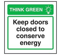 V Safety Think Green Keep Doors Closed To Conserve Energy - Señal de seguridad autoadhesiva de vinilo (100 x 100 mm)