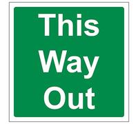 V Safety This Way Out - Señal de seguridad cuadrada (150 x 150 mm, vinilo autoadhesivo, efecto aluminio)