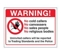 V Safety Warning! No Cold Callers, No Canvassers, No Sales People... 200 x 150 mm - Señal de seguridad compuesta de aluminio cepillado de 3 mm