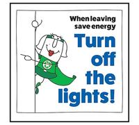 V Safety When Leaving Save Energy Turn Off The Lights! Woman Left 100 x 100 mm - Señal de seguridad autoadhesiva de vinilo que brilla en la oscuridad