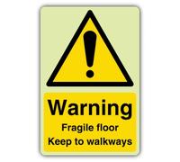 V Señal de advertencia de seguridad para suelo frágil Keep To Walkways | Brilla en la oscuridad, plástico rígido de triple brillo, señalización de advertencia de peligro, fabricado en Gran Bretaña