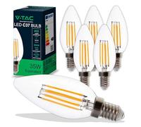 V-TAC 6x Bombillas LED Vela Filamento E14-4W (Equivalente a 35W) - 400 Lumen - Bombilla Máxima Eficiencia y Ahorro Energético - Luz 6500K Blanco Frío