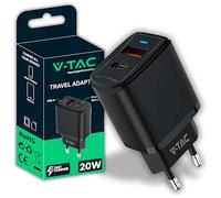 V-TAC Cargador USB-C Carga Rapida PD 20W para iPhone y Samsung - Ultra Rápido Smartphones y Dispositivos - 2 Puertos USB Tipo C y USB A para iPhone 14/15/16/17 Pro/MAX e Galaxy S25 / S26 / A56