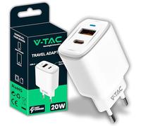 V-TAC Cargador USB-C Carga Rapida PD 20W para iPhone y Samsung - Ultra Rápido Smartphones y Dispositivos - 2 Puertos USB Tipo C y USB A para iPhone 14/15/16/17 Pro/MAX e Galaxy S25 / S26 / A56