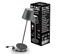 V-TAC Lámpara de Mesa Inalámbrica LED Regulable con Controles Táctiles, Gris, para Interiores y Exteriores IP54 para el Hogar o Restaurante - Batería 4400 mAh - Luz Blanca Cálida 3000 K - 2W, VT-7522