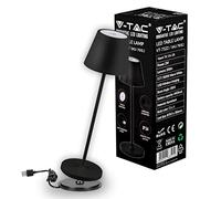 V-TAC Lámpara de Mesa Inalámbrica LED Regulable con Controles Táctiles, Negra para Interiores y Exteriores IP54 para el Hogar o Restaurante - Batería 4400 mAh - Luz Blanca Cálida 3000 K - 2W, VT-7522