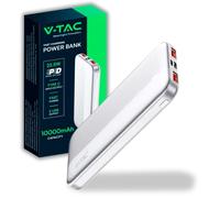 V-TAC Power Bank 10000 mAh con Carga Rápida PD 22.5W - Cargador Portatil - Batería Externa Delgada con Puerta USB Type-C y 2 Puertas USB-A - Compatible iPhone, iPad, Samsung, iPad, Xiaomi - Blanco