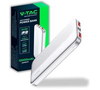 V-TAC Power Bank 10000 mAh con Carga Rápida PD 22.5W - Cargador Portatil - Batería Externa Delgada con Puerta USB Type-C y 2 Puertas USB-A - Compatible iPhone, iPad, Samsung, iPad, Xiaomi - Blanco