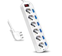 V-TAC Regleta eléctrica con interruptores Independientes - 6 Tomas 10/16 A bipaso + Schuko - Enchufe 16 A - Toma eléctrica para casa, Oficina, Tienda - Color Blanco